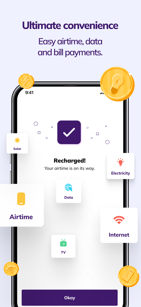 Kuda - Free transfer & payment - Smartphone screen showing Kuda app bill payment options including airtime and electricity