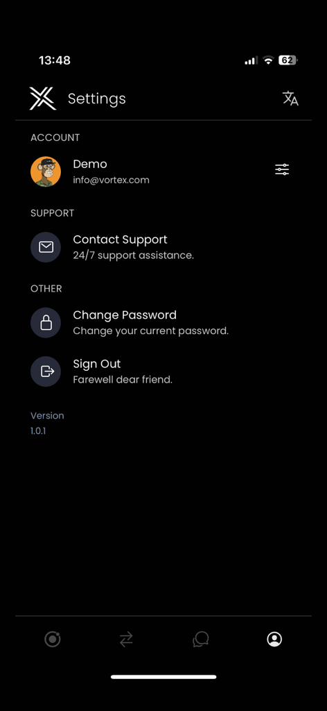 Solexx - Der Einstellungsbildschirm der Solexx App zeigt Benutzerkonto und Support-Optionen.