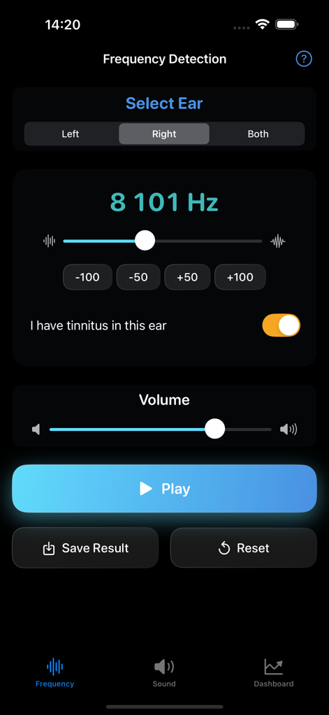 Smartphone screen showing frequency detection settings for tinnitus relief including frequency matching and ear selection