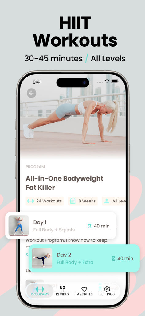 Home Fitness Workout ByBlondie - Tela do smartphone do aplicativo ByBlondie mostrando um programa de treino HIIT de 30 a 45 minutos para todos os níveis.