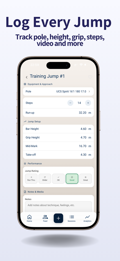Vault: Pole Vault Tracker - Interface of the Vault app showing a detailed training jump log with data for pole selection, run up distance, bar height, and grip height.