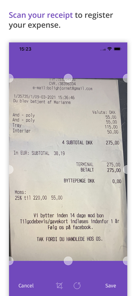 Acubiz - Interfaz de la aplicación Acubiz que muestra un recibo siendo escaneado para registrar un gasto comercial