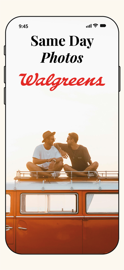 Printicular mobile app screen displaying same day photo printing at Walgreens featuring two friends on a vintage van
