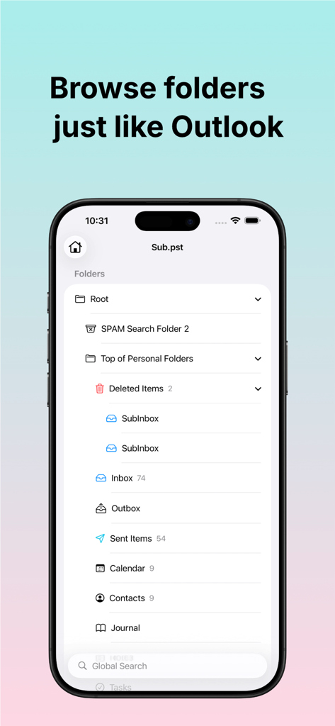 PST Mail Viewer - La aplicación PST Mail Viewer mostrando la estructura de carpetas de correo electrónico de Outlook en un iPhone