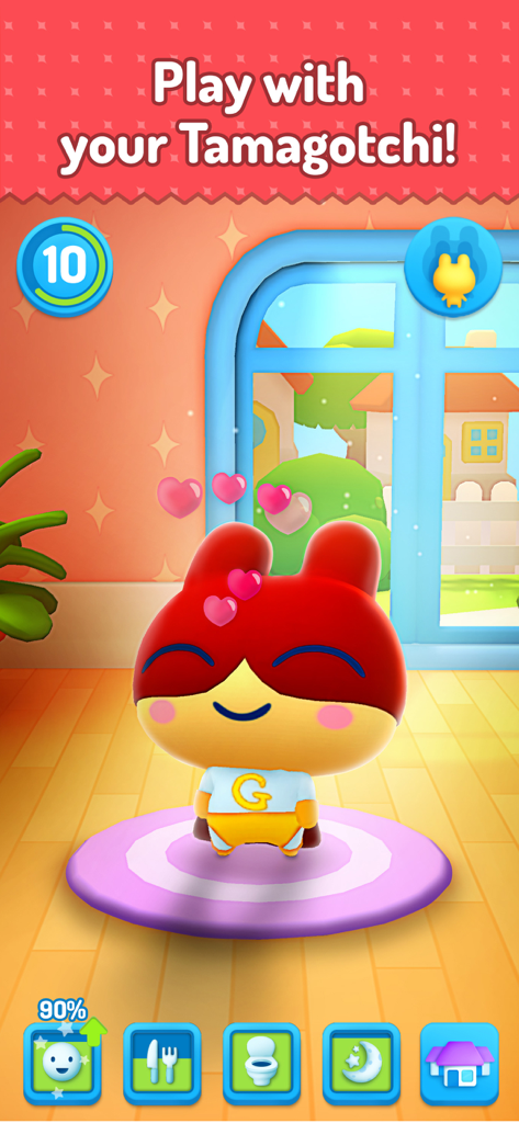 A happy 3D Tamagotchi character surrounded by pink hearts in a colorful room