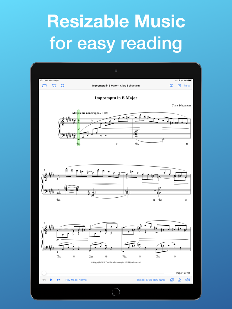 SuperScore Music - iPad displaying resizable sheet music notation in the SuperScore Music app