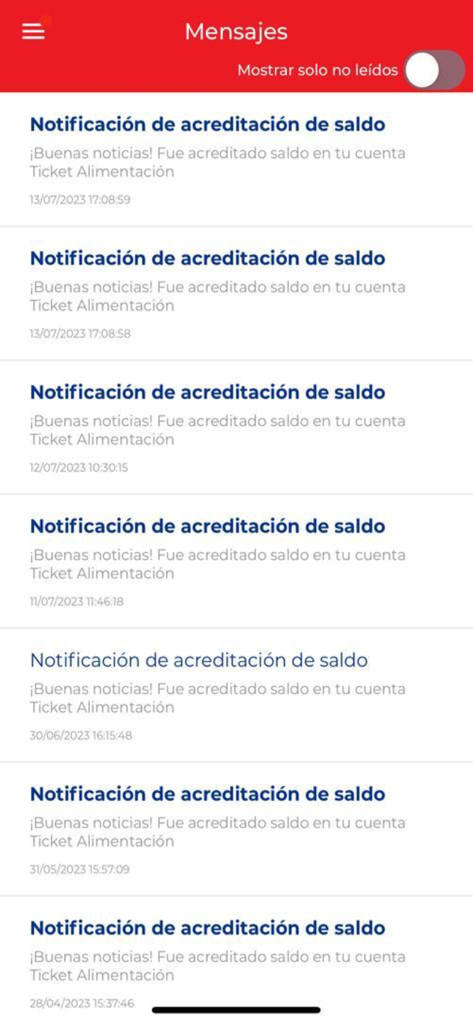 EdenredUY app screen showing a list of balance credit notifications