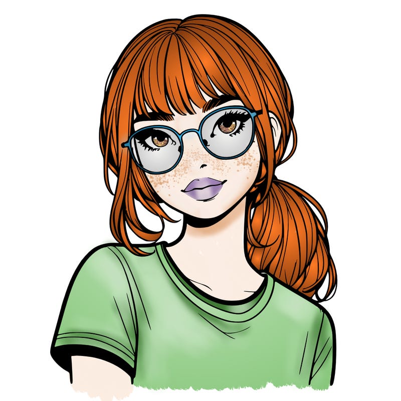 realistic girl with freckles and clear glasses
