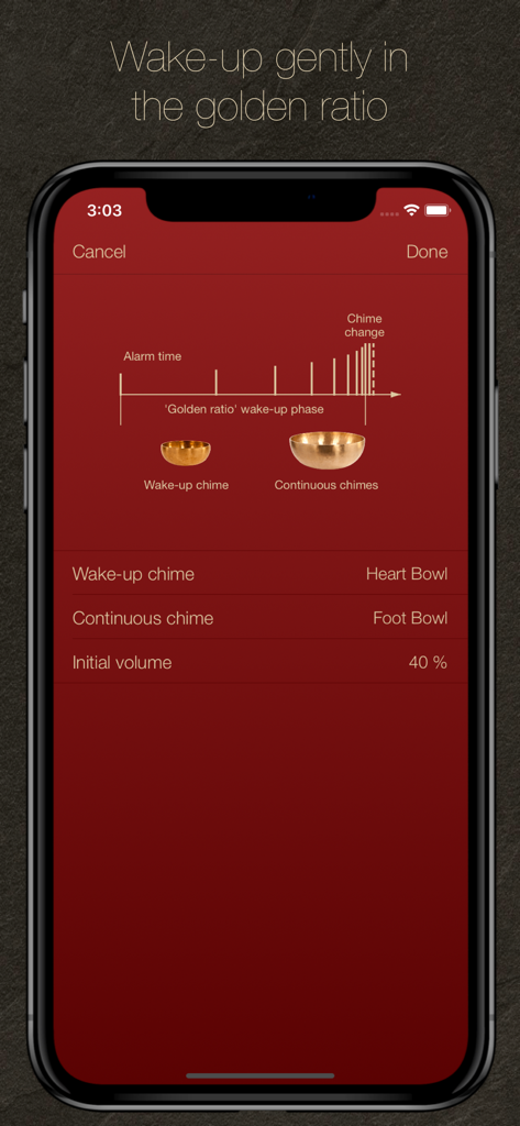i-Qi meditation timer app showing the golden ratio wake up alarm settings