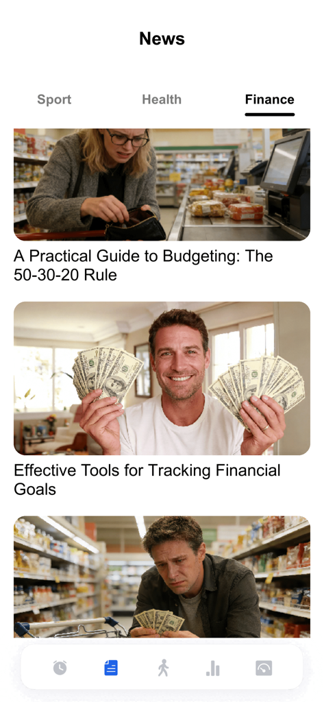 Seção de notícias do aplicativo Walking Track mostrando artigos de finanças sobre orçamento e metas financeiras.