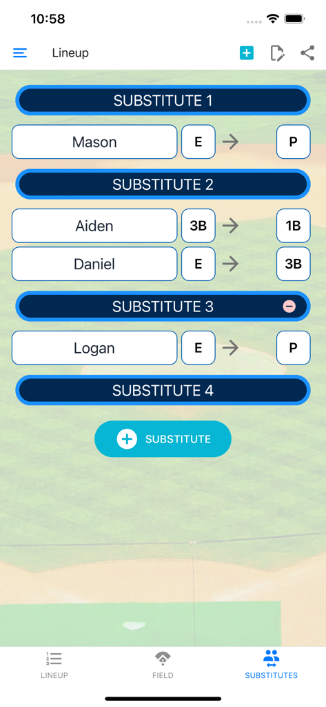 Baseball Lineup Cards - Interface for managing player substitutions and field position changes in the baseball lineup app