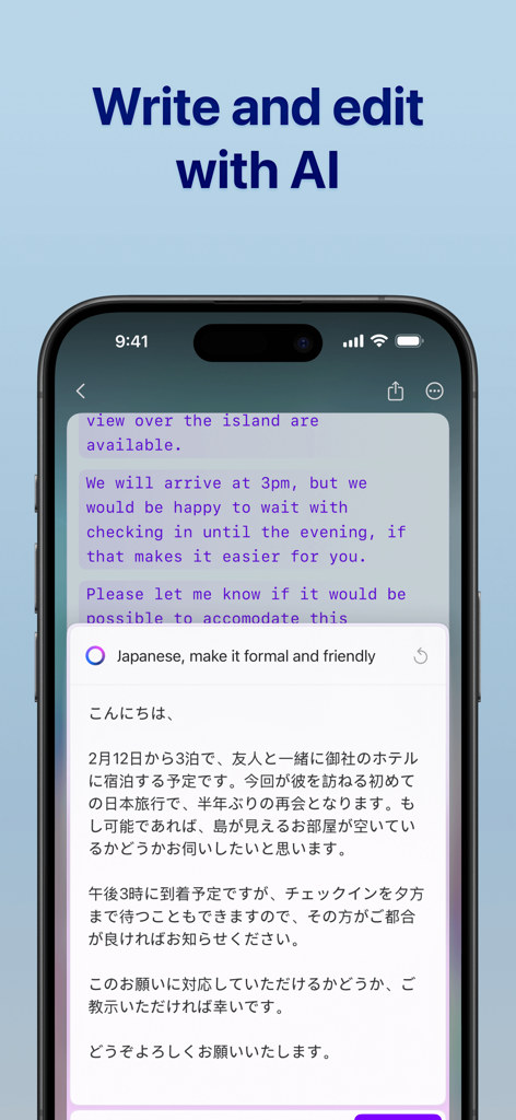 Interfaz de la aplicación Craft que muestra funciones de escritura y traducción de IA en un iPhone