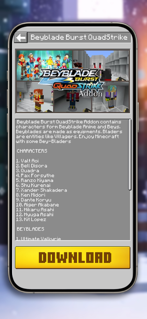 Interface of an anime mod app for Minecraft showing the Beyblade Burst QuadStrike addon details and characters
