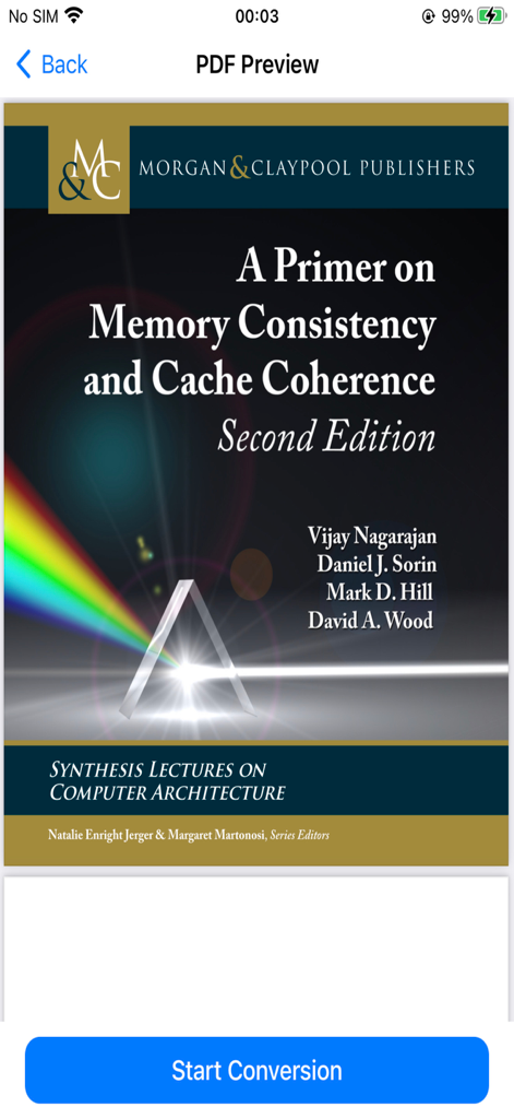 Mobile app interface showing a PDF document preview before converting to Markdown