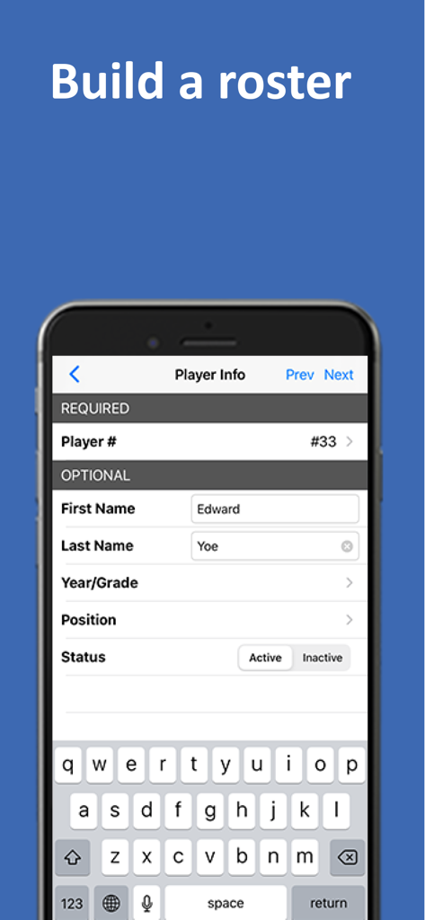 A form on a mobile app to build a basketball roster by entering player names and jersey numbers.