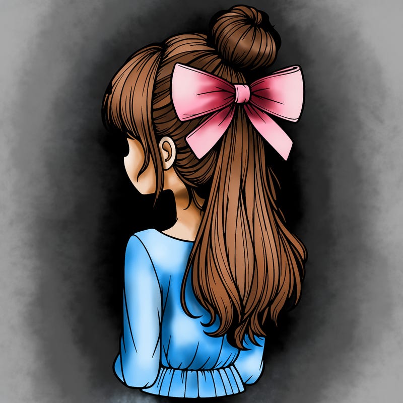 realistic girl  with hip length hair a bun and a big bow on the back of head