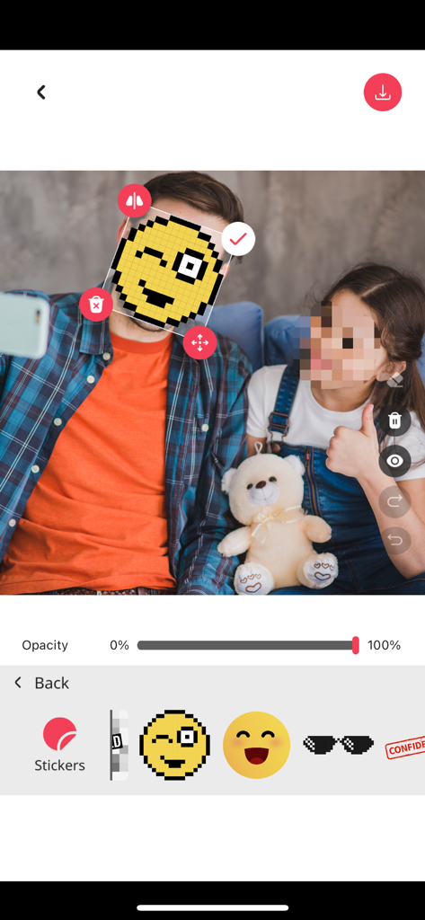 Blur photo effect editor app - Mobile app interface showing how to hide faces using pixel stickers and pixelation effects for privacy.