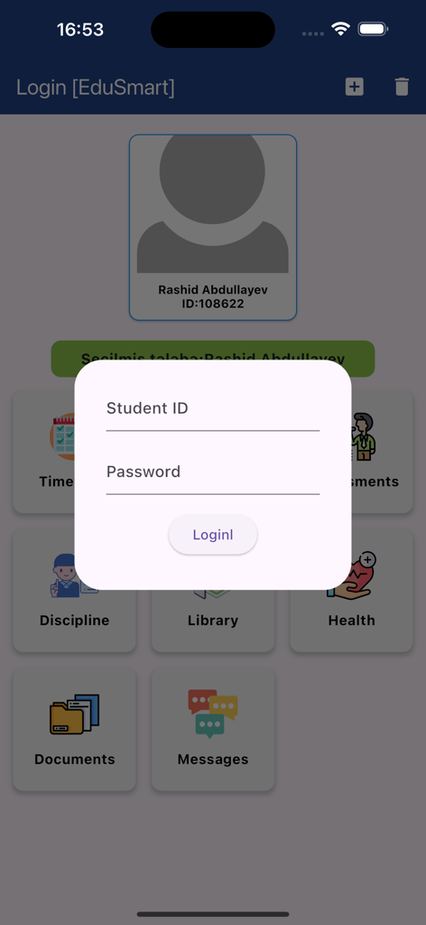 Student login screen for Oxbridge Academy Baku mobile app showing student ID and password fields over a dashboard