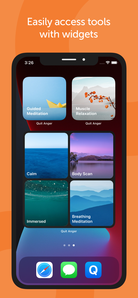Quit Anger: Anger Management - iPhone home screen displaying several app widgets for guided meditation muscle relaxation and breathing exercises from the Quit Anger app