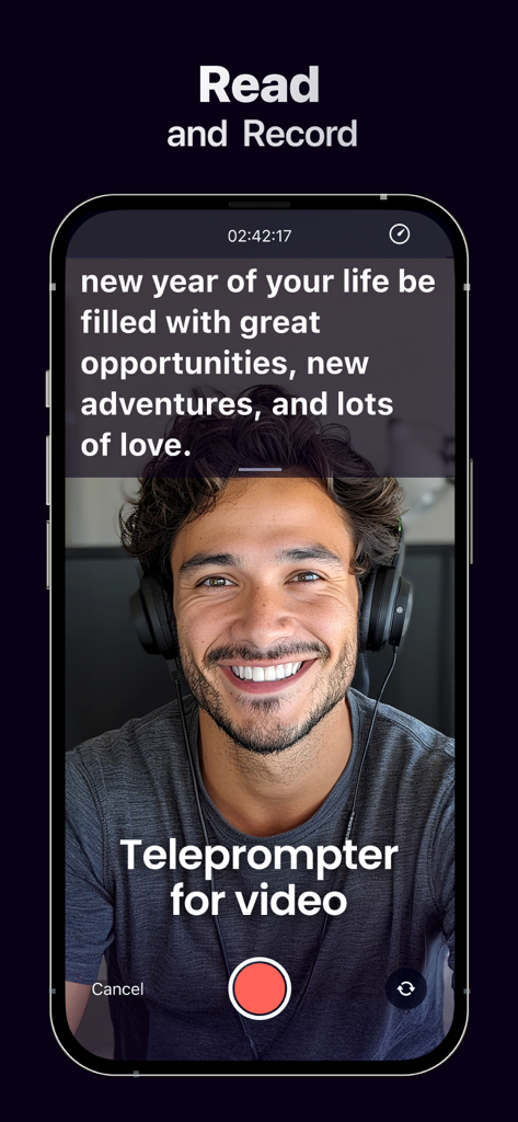 AI Captions for Videos - Dubs - Mann nimmt ein Video mit der Teleprompter-Funktion in der Dubs-App auf