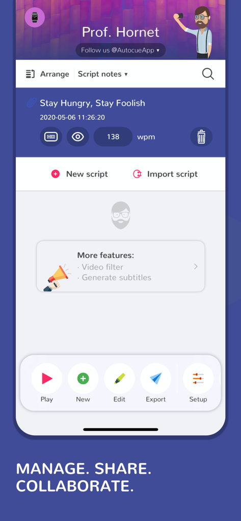 Teleprompter Easy Prof Hornet - Teleprompter Easy Prof Hornet app interface showing script management and editing features