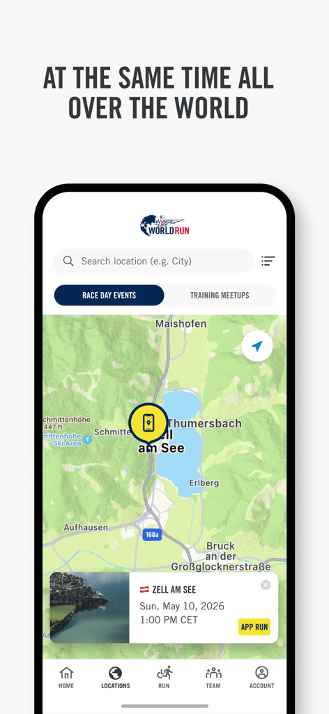 Map interface of the Wings for Life World Run app showing race locations worldwide