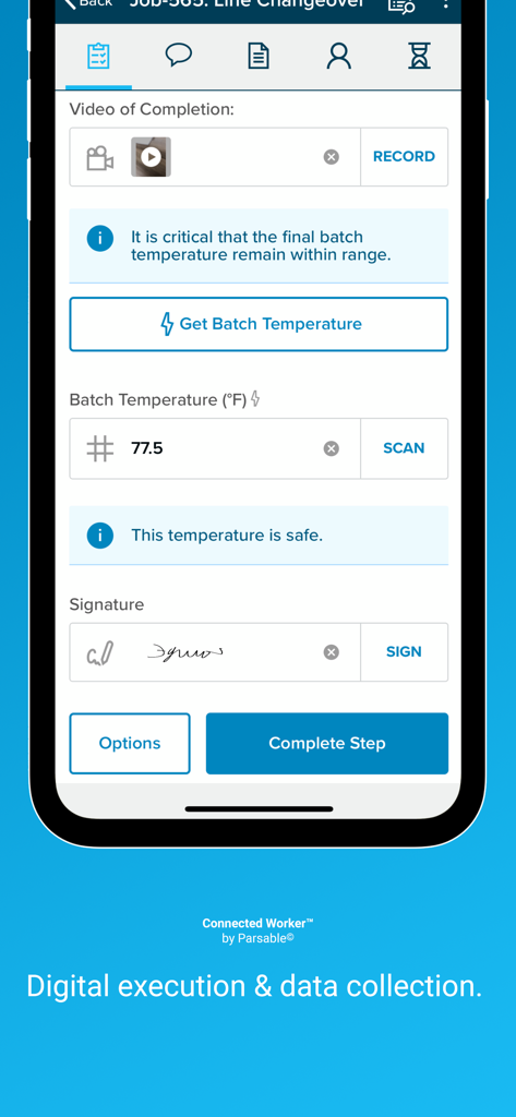Parsable - A smartphone screen displaying the Parsable app with a digital workflow for industrial tasks including data entry and a digital signature.