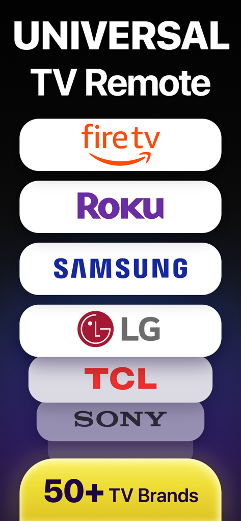 Universal Remote・TV Control - Elenco delle marche di smart TV compatibili tra cui Fire TV Roku Samsung LG TCL e Sony