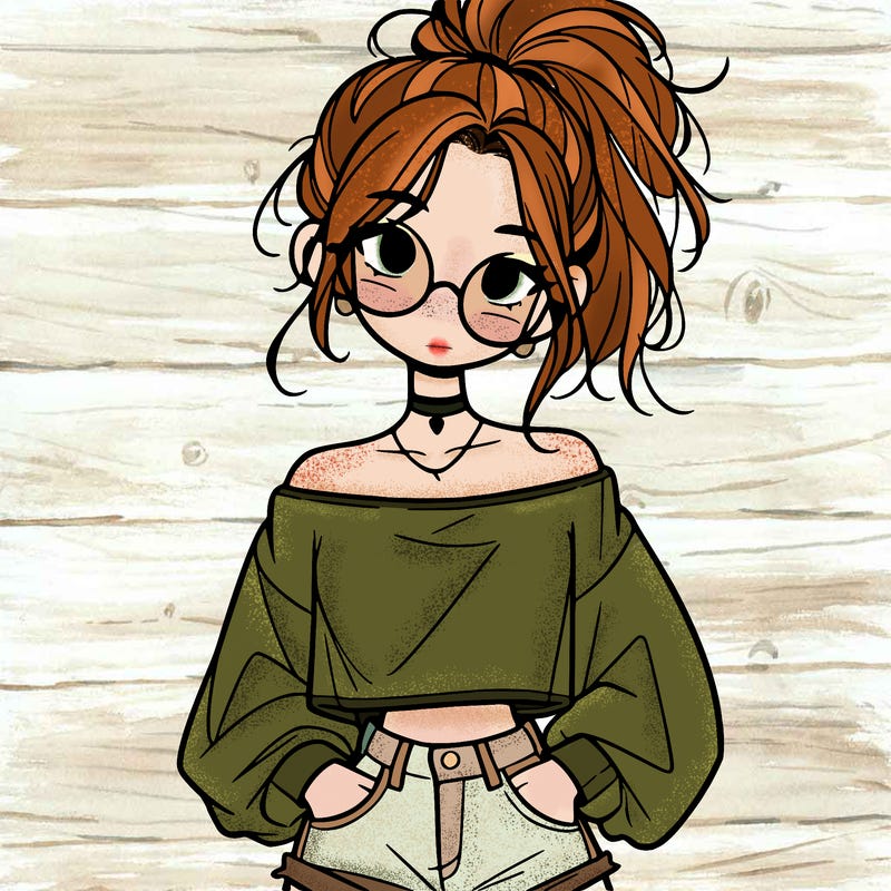 girl with a messy ponytail glasses a baggy crop top and jean shorts