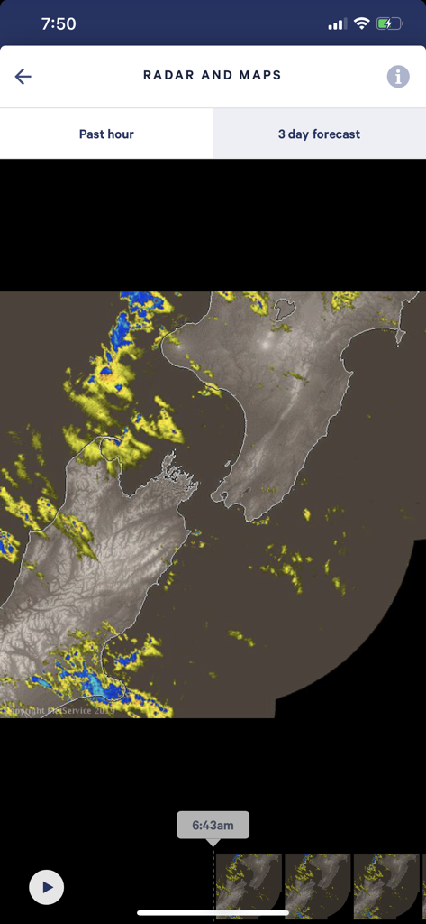MetService app displaying real-time rain radar and weather maps for New Zealand.