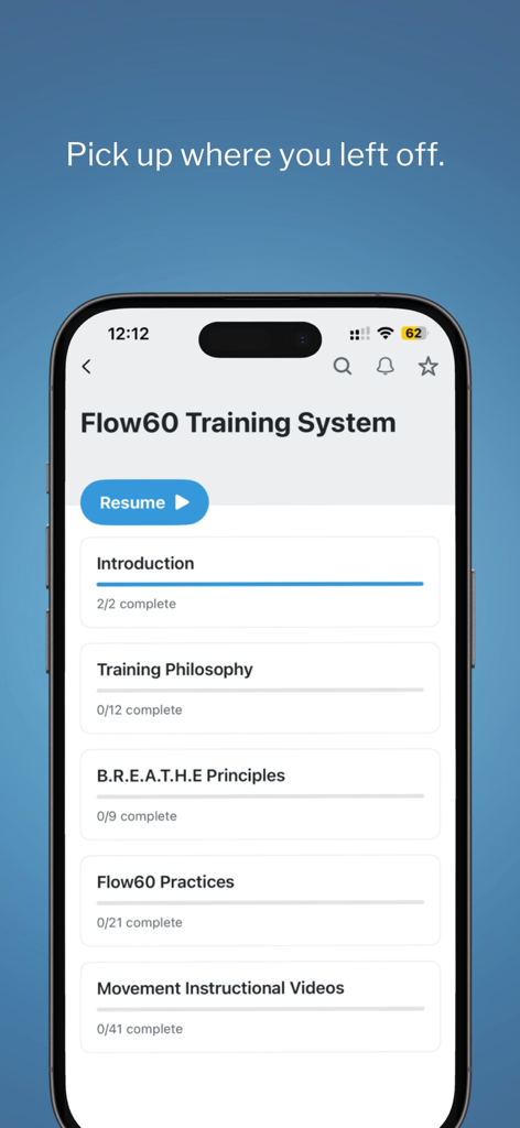 Flow60 by Mike Chang - Flow60 by Mike Chang app screen showing training system courses and user progress tracking.