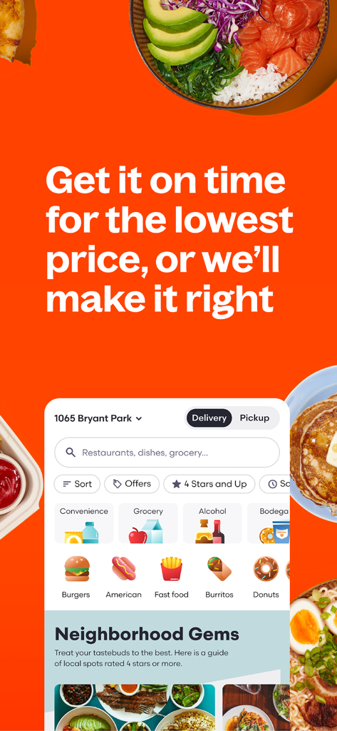 Interfaz de la aplicación Grubhub que muestra opciones de entrega de comida local y una garantía de precio más bajo