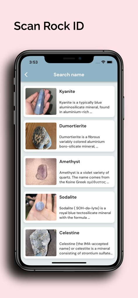 Stone Identifier : Rock finder - A smartphone screen displaying a list of identified minerals including Kyanite Amethyst and Sodalite in the Stone Identifier app