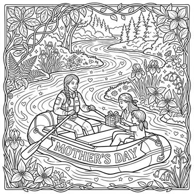 This unique coloring page captures a special Mother's Day celebration on the river, depicting a skilled guide, a loving mom, and a thoughtful child. Download this charming printable to add a splash of color to your festivities.