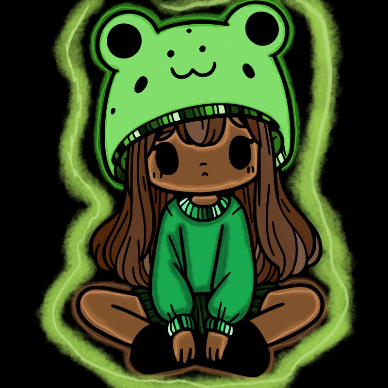 a girl wearing a frog hat and some frog socks