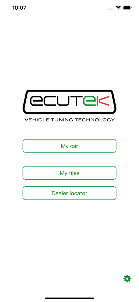 Menu principal da aplicação ECU Connect com botões para o meu carro, os meus ficheiros e o localizador de revendedores.