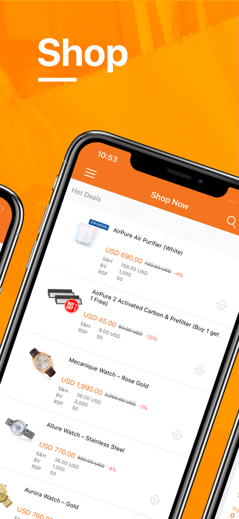QNET Mobile WP - Pantalla de la tienda de la aplicación QNET Mobile WP que muestra una lista de productos como purificadores de aire y relojes de lujo con precios y descuentos.