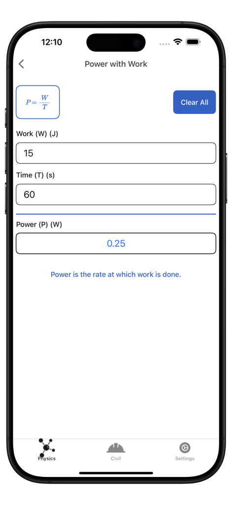 My Physics Calculator - My Physics Calculator app interface showing a Power with Work calculation