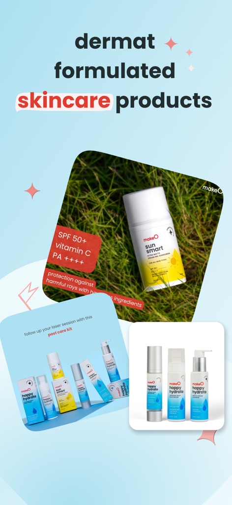 A variety of dermat formulated skincare products from makeO including sunscreen and moisturizers
