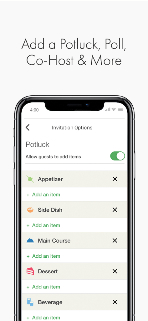 Punchbowl: Invitations & Cards - A mobile interface showing the potluck feature in the Punchbowl app where users can organize appetizers, side dishes, and desserts for an event.