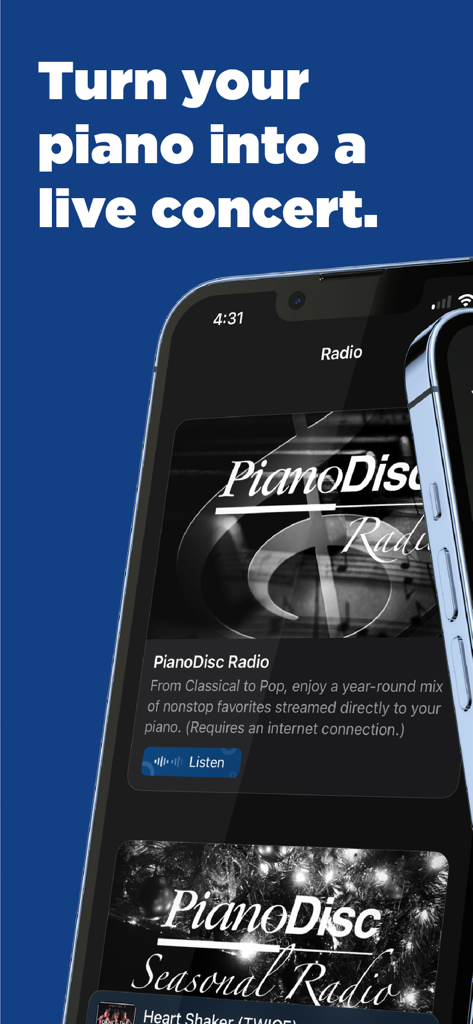 PianoDisc iQ Player app interface displaying internet radio stations for live piano performances.