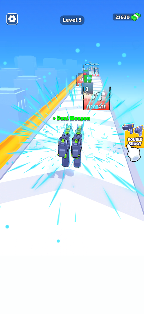 Jogabilidade com armas duplas em Weapon Master Gun Shooter Run mobile game, mostrando aprimoramentos e progressão de nível