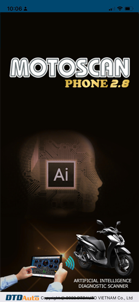 Motoscan Phone app splash screen showing artificial intelligence motorcycle diagnostic scanner features with a scooter and diagnostic tablet