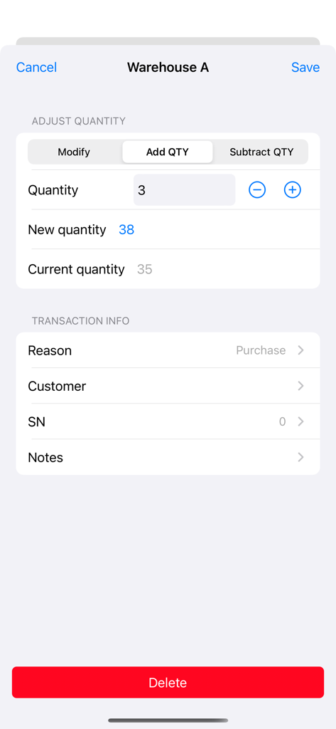 Softzoo Inventory Tracker - Benutzeroberfläche, die die Anpassung der Lagerbestandsmenge und Transaktionsdetails für ein Lager anzeigt