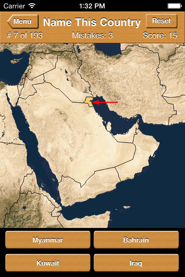 Name This Country - 「国名当てクイズ」アプリのスクリーンショット。中東地図にクウェートを指す赤い矢印と4つの選択肢ボタンが表示されている。