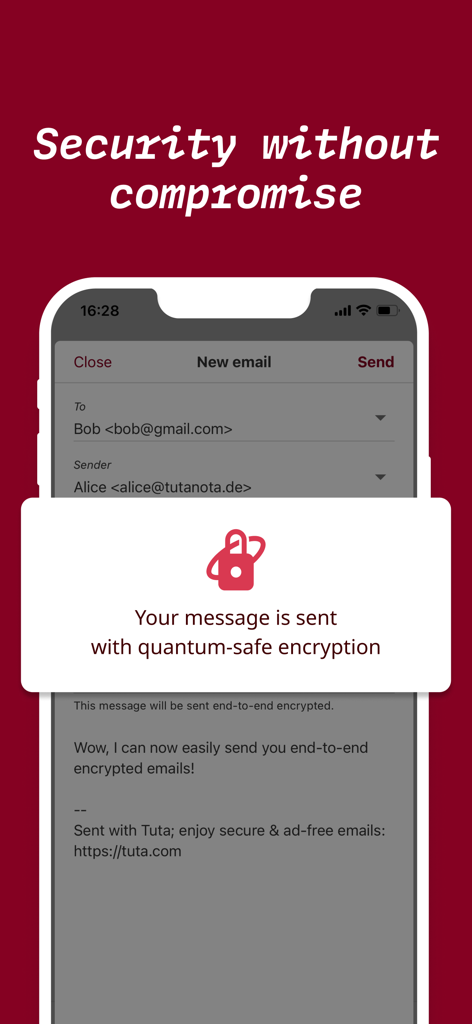 A mobile interface of Tuta app confirming that an email is sent with quantum-safe encryption.