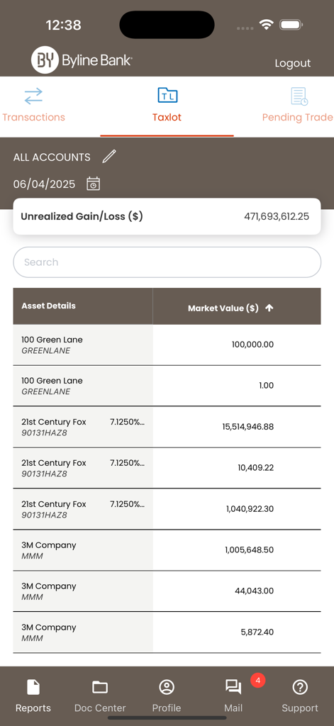Byline Bank Wealth Mobile - Byline Bank Wealth Mobile app screen showing taxlot details asset market values and unrealized gain loss summary