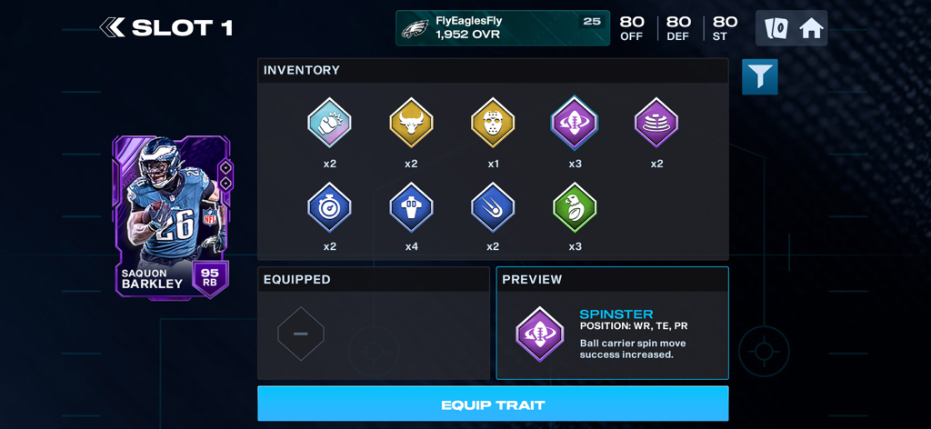 Madden NFL 26 Mobile-Oberfläche, die Spielerattribute-Inventar und eine Saquon Barkley-Karte zeigt.