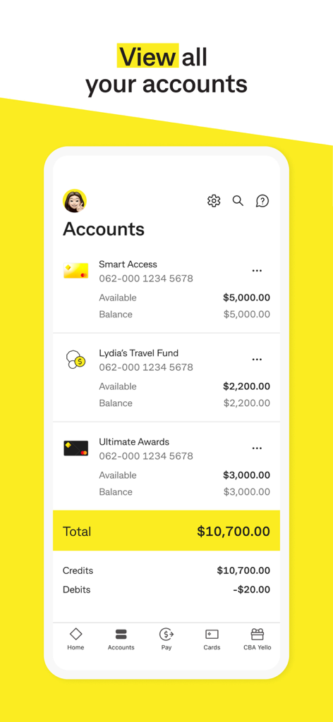 CommBank mobile app dashboard displaying a list of bank accounts and total balance.