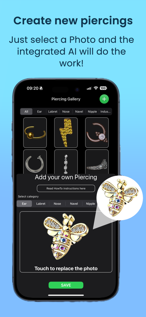 Mobile app screen showing AI background removal for custom piercing jewelry.